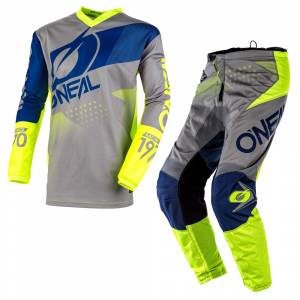 ONeal Kids Element Factor Grey Blue Neon Yellow Motocross Kit Combo
