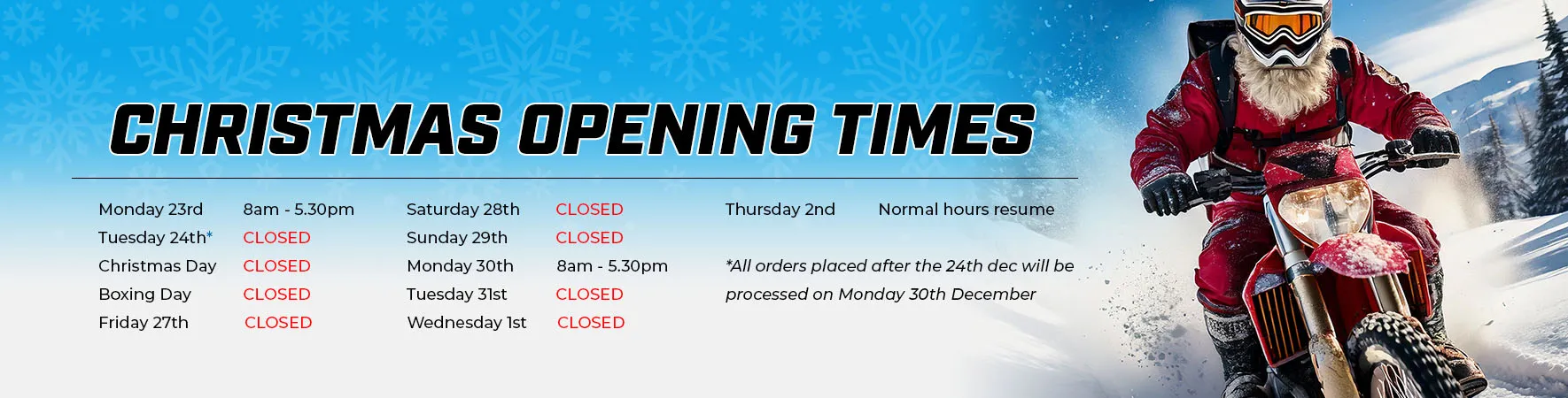 MD Racing Christmas opening times