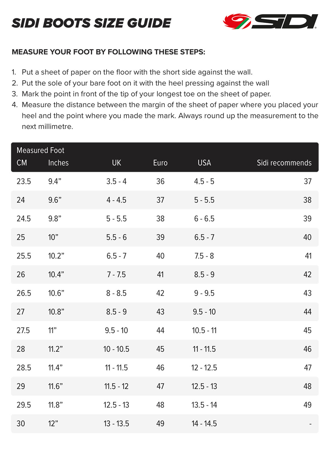 Sidi Boot Sizing Shop | bellvalefarms.com